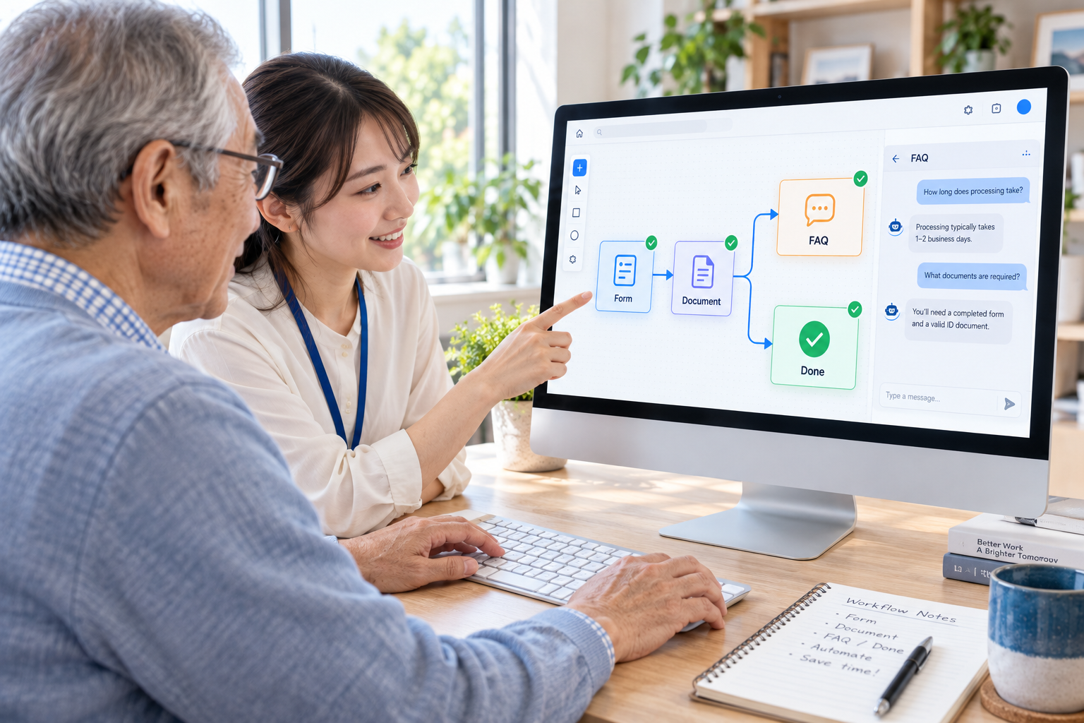 業務自動化・社内FAQ講座で扱う制作物のイメージ（AI生成）